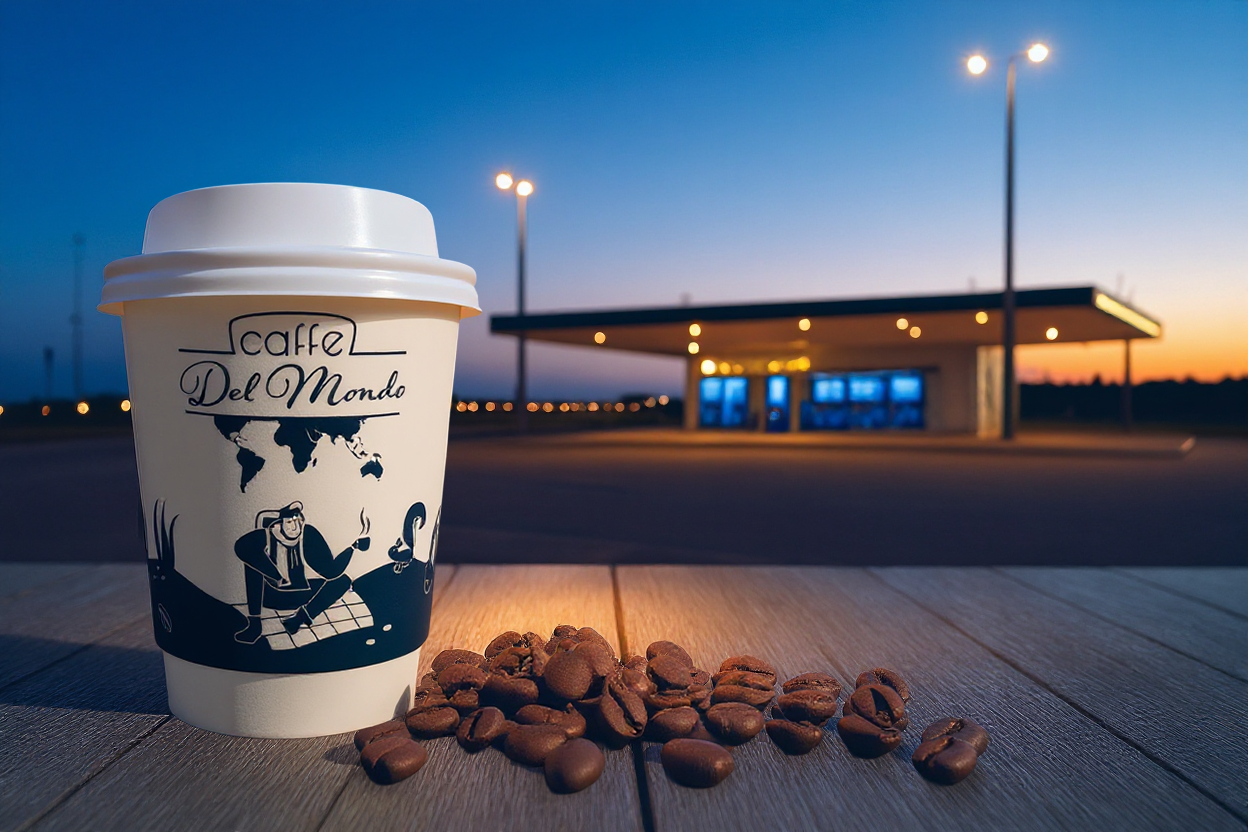 Kubek kawy Caffedelmondo na tle stacji paliw – kawa ze świeżo palonych ziaren, idealna do ekspresów automatycznych na stacje i sklepy convenience